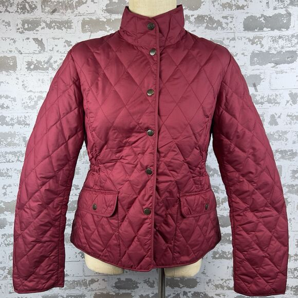 Eddie Bauer Premium Down‎ Jacket Sz M Burgundy Red Diamond Quilted Fitted Snap - Picture 1 of 16